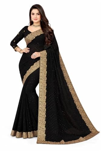 Svayi Women’s Georgette Broad Golden Embroidery Border Siroski work Saree for Wedding Festive Party Style Sari with Blouse Piece (SR1211-Black)