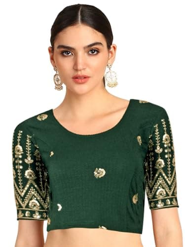 Chandrakala Stretchable Blouses for Women Sarees,Readymade,Bottle Green Zari Work, Small-Medium (B232BOT3)