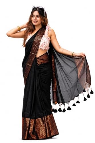 SAREEN Women's Mal Cotton Saree with Tassel Pallu, Soft Lightweight Breathable Traditional Indian Saree (Black)