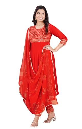 COTTON HTHRANG Indian Women's Tunic Tops Rayon Red Anarkali Kurtis Pant Sets W Nazmeen Dupatta/Anarkali Kurti Dress Red (3X-Large)