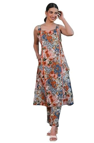 Janasya Indian Women's Cotton Multicolor Floral Print Casual Wear Kurta Set for Women