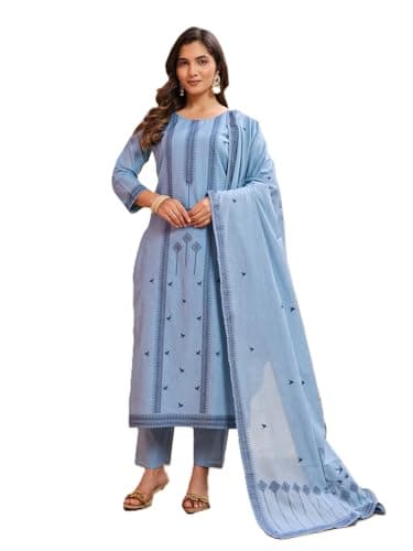 MOXTE Women's Cotton Jacquard Work Printed Straight Kurta With Palazzo & Dupatta Set (US, Alpha, Medium, Regular, Regular, Blue)