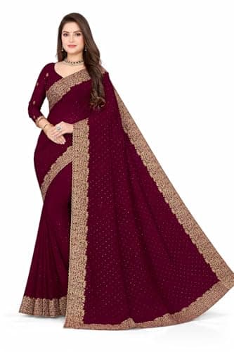 Svayi Women’s Georgette Broad Golden Embroidery Border Siroski work Saree for Wedding Festive Party Style Sari with Blouse Piece (SR1211-Wine)