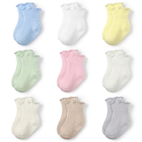 soxitoevy 9 Pairs Toddler Ruffle Sock Non Slip Socks Baby Cotton with Anti-slip Dots Macaron Colors 1-3T Boys Girls