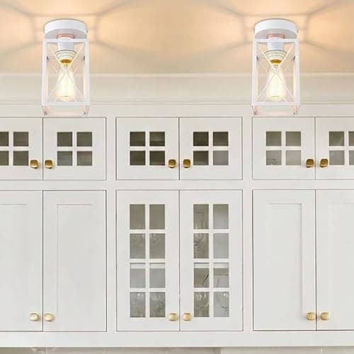 Ken & Ricky Hallway Flush Mount Ceiling Light,Cage Farmhouse Light Fixture Hardwired for Kitchen Over Sink,Bathroom,Laundry Room Entryway,Industrial Vintage Style,Single E26 Bulb(White,2PK)