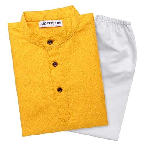 Superminis Baby Boys Ethnic Wear Colored Cotton Chikankari Kurta, Round Collar, Full Sleeves With White Pyjama, Kurta Set (Yellow, 18-24 Months)