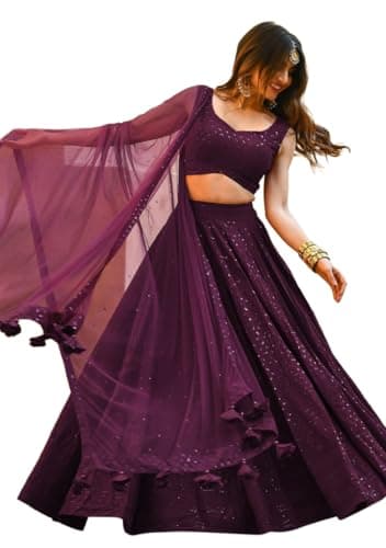 Indya Women's Purple Georgette Embroidered Lehenga Set with Dupatta, Sleeveless, V-Neck