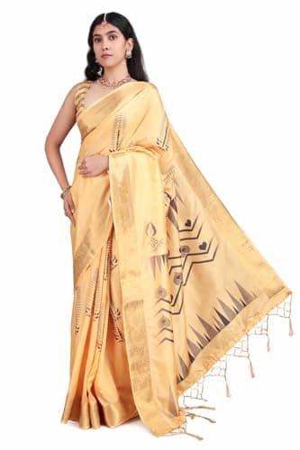 Ambararambh Women’s Banarasi Soft Silk Saree with Traditional Printed Pallu & Woven Border | Elegant Ethnic Saree for Festive, Wedding & Party Wear