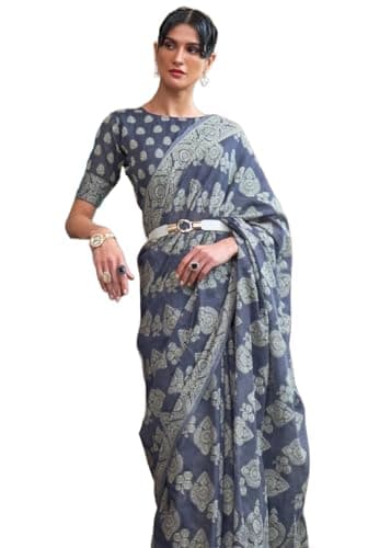 SWORNOF Women's Lucknowi Linen cotton Woven Sarees For Women with Blouse (BLUE)