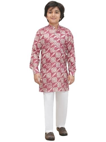 AJ DEZINES Kids Cotton Full Sleeve Printed Pink Kurta Pajama Set for Boys - Indian Ethnic Wear (1269-PINK-2)