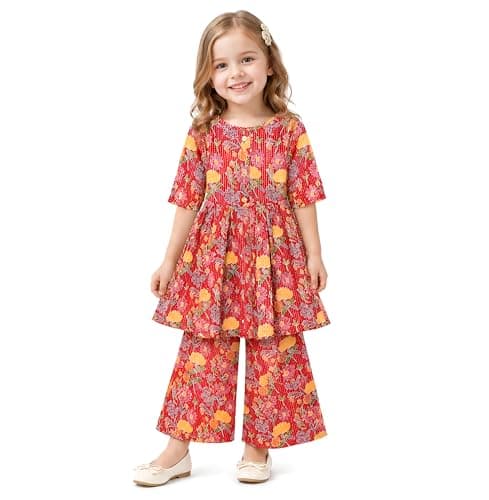 Chandrakala Kids Kurti Pant Set Co-Ord Set for Girls Ethnic Wear Red Floral,6-7 Years (KG119RED8)