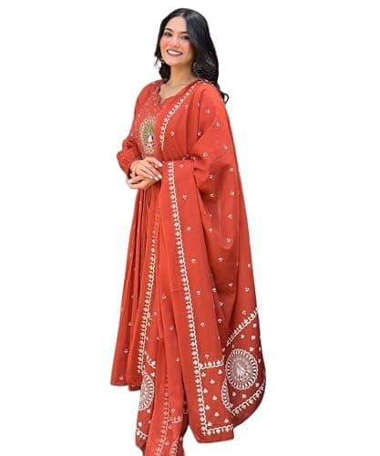 ANUYA Women's Cotton Embroidered Anarkali Kurti with Malmal Dupatta Set | Indian Tunic Set (US, Alpha, X-Large, Regular, Regular, Orange)
