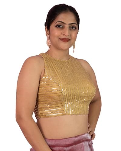 FIGURE'S DESIGNER Women's Sequin Embroidered Halter Neck Sleeveless Readymade Saree Blouse Indian Ethnic Designer Stitched Plus Size Top Padded Lavender Pink Blue Silver Black (Gold, 40)