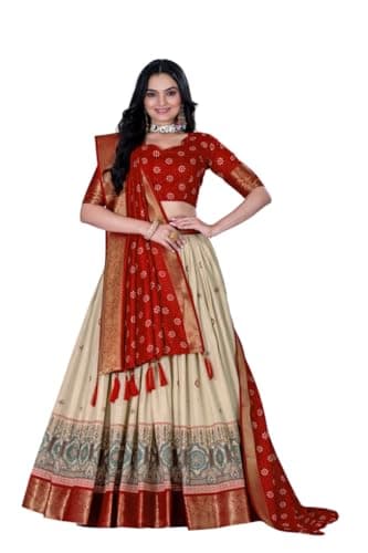 qoulrin Ready To Wear Indian Lehenga Choli, Dupata with Stitched Blouse For Women Party, Festival Wear. (orange, 40)