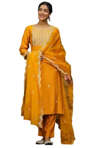 Janasya Indian Women's Mustard Silk Blend Embroidered Straight Kurta Set (JAB24ST00576-L)