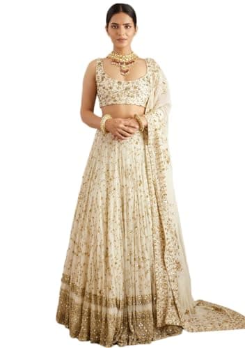 Indya Women's White Georgette Embroidered Lehenga Set with Dupatta, Sleeveless, U-Neck