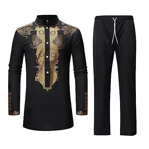 HEFASDM Men's African Dashiki 2 Piece Suit Traditional Long Sleeve Kurta and Pants Outfits Set Black M