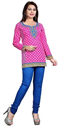 Indian Short Kurta Top Tunic Printed Kurti Women's India Clothes (Pink, 4XL)
