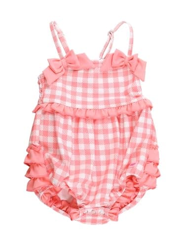 RuffleButts Baby Girls UPF50+ One Piece Bow Bubble Romper Swimsuit - Bubblegum Pink Gingham, 3T