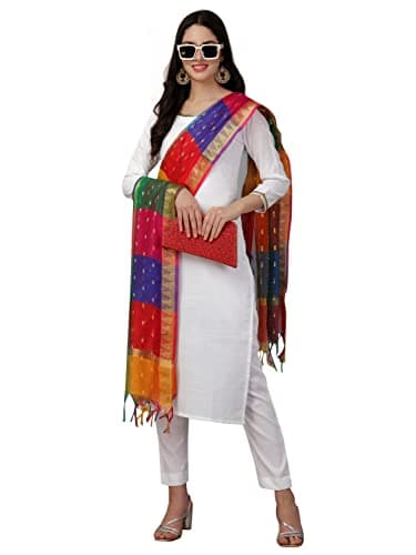 TRENDMALLS Women's Khadi Cotton Embellished Salwar Suit Set Kurta Pant with Dupatta (G109-White-XL)