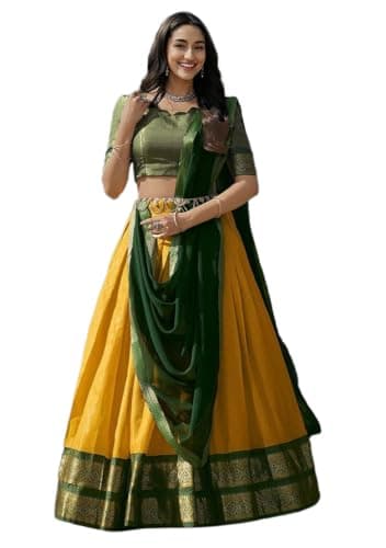 Indya Women's Yellow Silk Zari Weaving Work Lehenga Choli Set with Half Sleeve