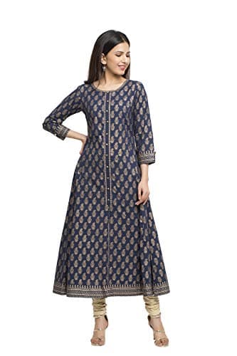 Yash Gallery Women's Plus Size Cotton Slub Mirror Work Anarkali kurta for Women (Blue)