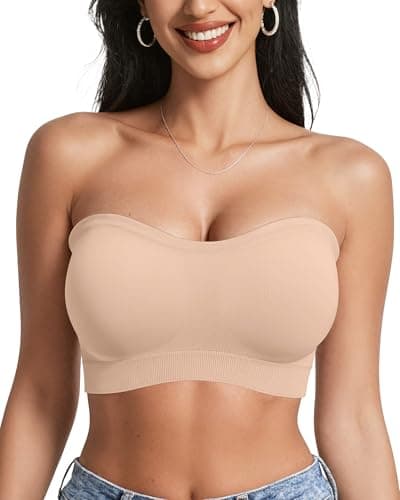 OEAK Strapless Bras for Women Wireless Bandeau Bra Non Slip Tube Top Seamless Bras Push Up Comfortable Padded Bralette Large Nude
