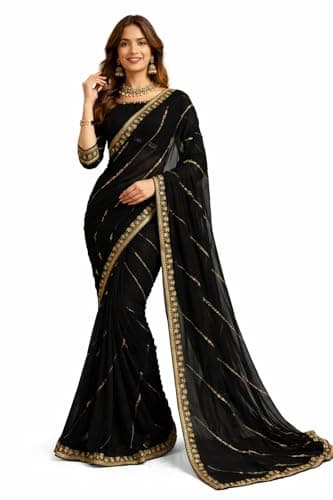 Svayi Women’s Georgette Floral design Golden Sequins Embroidery diagonal patterns Work Saree for Wedding Festive Party Style Sari with Blouse Piece (SR1252-Black)