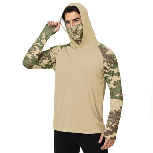 Fishing Shirt with Hood Camisas para Trabajar En El Sol Uv Protection Face Mask Upf50 Sunshirt Lightweight Sun Hoodie Hiking Running Shirt Mens Long Sleeve Sun Protection Shirts Camel X-Large