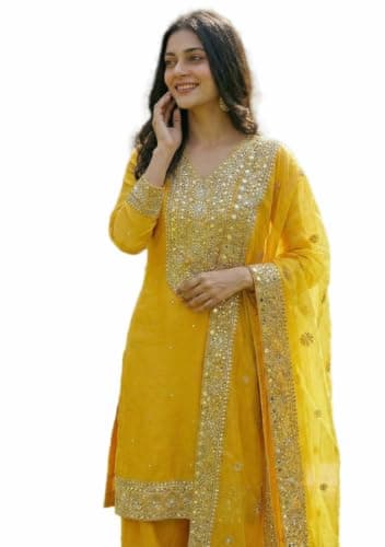 Indya Yellow Embroidery Silk Blended Salwar Kameez | Perfect for Haldi Function | Full Sleeve