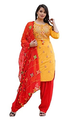 Women's Rayon Classic 3 Piece Set of Handwork Kurti with Beautiful Printed Skirt alongwith Shiffon Dupatta Multi-Color