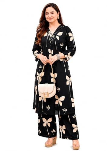 Women’s Floral Printed Kurta Set with Straight Pants | 3/4 Sleeve Cotton Kurta| Casual & Festive Wear (US, Alpha, X-Large, Regular, Regular, Black)