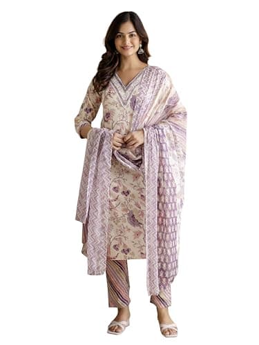TRENDMALLS Women's Pure Cotton Embroidery Work Printed Kurta Pant with Dupatta Set (G430-OffWhite-XL)
