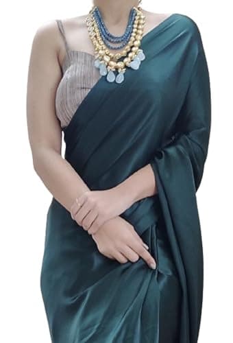 SHOPAZ Women's Ready to Wear Satin Silk 1 Minute Pre Pleated Saree with Hand Work Tassels (Blackish Green) Free size Blackish Green