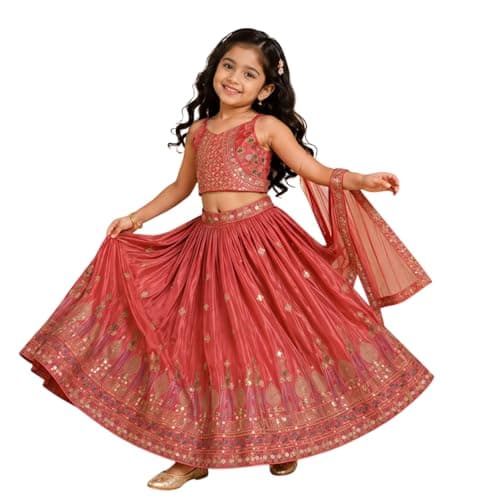 Krinza Girls Kids Lehenga Choli Set, Red, Embroidered Crop Top with Flared Skirt and Dupatta, Festive Ethnic Wear (Rose-Red, 7-YEAR)