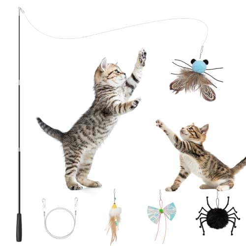 VavoPaw 4-in-1 Interactive Cat Toys for Indoor, Retractable Cat Wand Toy with Feather, Crinkle Paper Refills, Cats Enrichment Toys Teaser Wand for Bored Indoor Adult Cats and Kittens