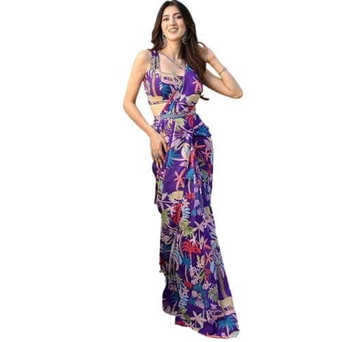 BE4ME.COM Alia Bhatt Celebrity Inspired Bollywood Saree - Floral Printed Satin Silk Partywear