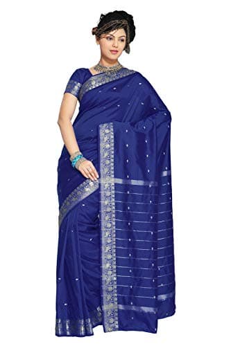 Sanskruti India Womens Indian Ethnic Traditional Banarasi Art Silk Saree Sari Wrap Fabric Dress Drape (Dark Blue)