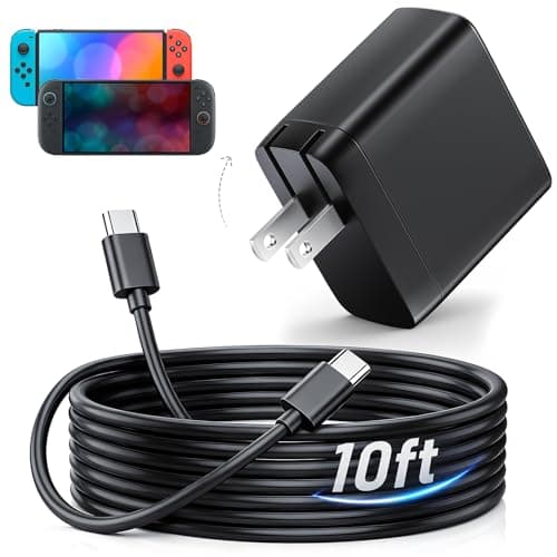 Switch 2 Charger with 10ft USB Cable, Bemkiru 65W Foldable AC Power Adapter Fast Charger for Nintendo Switch 2/1, Supports Docked TV Mode, Long Charging Cable for Couch/Bed Gaming
