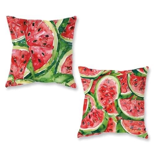ONWAY Summer Outdoor Watermelon Pillow Covers 18x18 Set of 2 Red and Green Fruit Decorative Throw Pillows Farmhouse Patio Cushion Case for Sofa Couch Home Decoration