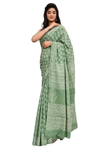 COTTON HTHRANG Women's Hand Block Printed Cotton Saree Indian Style With Un-Stitched Blouse (Green)