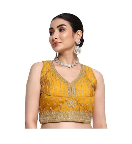 Parvdi Women's Embroidered Readymade Lehenga Choli Blouse Top Indian Wedding Festive Wear Sleeveless Saree Sari Blouse Mustard XL