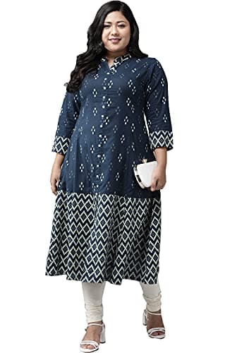 Yash Gallery Women's Plus Size Indian Cotton Ikat Print A-line kurta for Women (Blue)