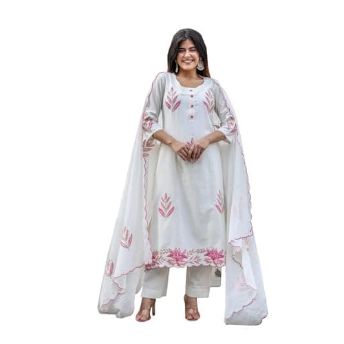 Aizza Trends Women's Cotton Flex Hand Embrodiery Pathwork with Gota Patti Work Kurti Pant with Dupatta Set-XXL White
