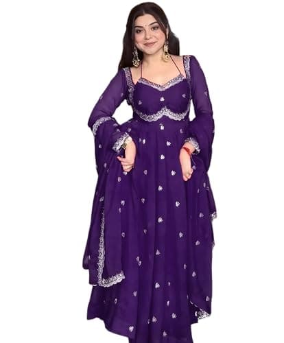 ONPEAK Women Traditional Embroidered Anarkali Suit Set Ethnic Festive Kurti Pant Dupatta Wear (US, Alpha, Small, Regular, Regular, Purple)