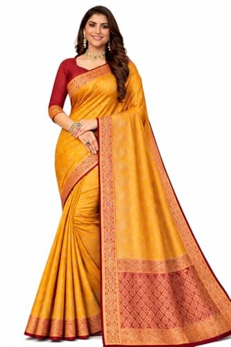 TRILOK CREATION Women’s Elegant Banarasi Style Saree with Gold Zari Work – Traditional Indian Ethnic Wear for Wedding & Festive Occasions (Golden Yellow & Red)