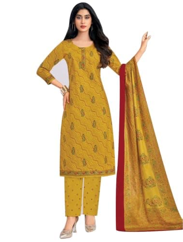ladyline Womens 100% Cotton Jaipuri Printed Salwar Kameez Suit – Ethnic Kurta, Pants & Mal Dupatta Set | Indian Punjabi Dress (CPSK DTCG) (52/ Gold)