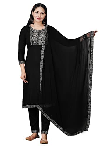 Indian Women's Tunic Tops Straight Rayon Black Kurtis Pant Sets W Chiffon Dupatta/A-Line Kurti Tunics (US, Alpha, 3X-Large, Regular, Regular)