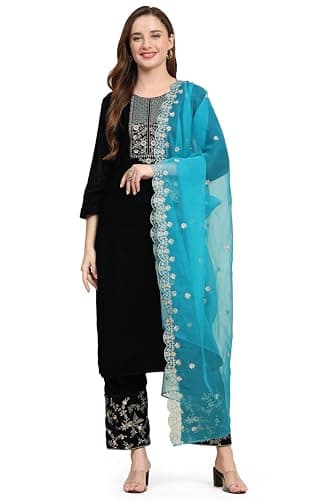 TRENDMALLS Women's Velvet Embroidery Salwar Suit Set Kurta Pant with Dupatta (G183-Morpeach-L)