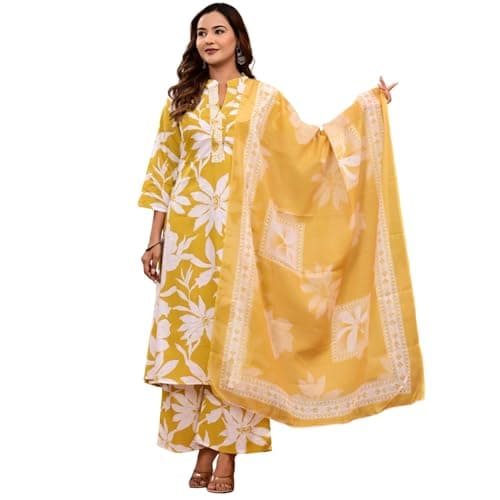 Women’s Pure Cotton Floral Printed Straight Kurta Set with Pant & Dupatta | Lightweight Indian Ethnic Wear Kurti Dress for Casual, Daily Wear | Mustard Yellow/White – Large